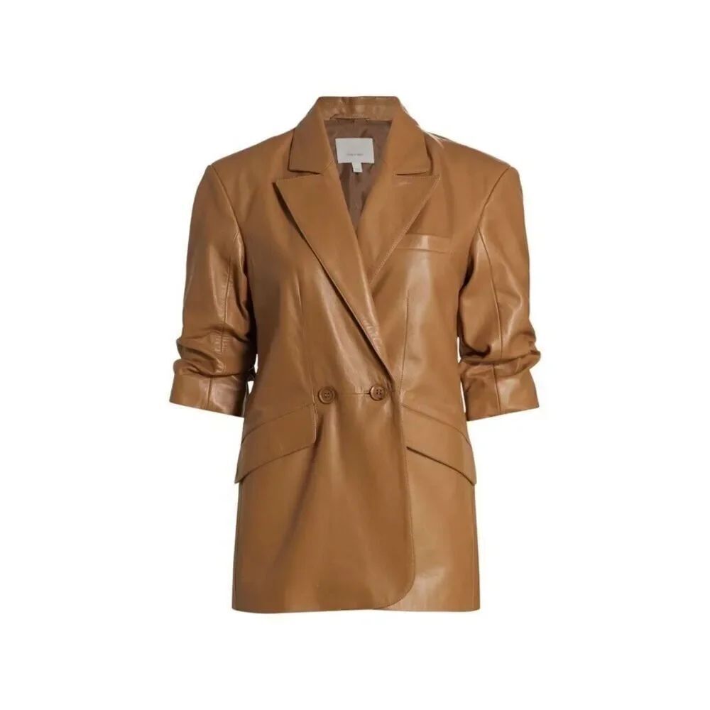 Cinq à Sept Women's Brown Faux Leather Cinched-Sleeve Blazer Jacket Size 2 NWOT